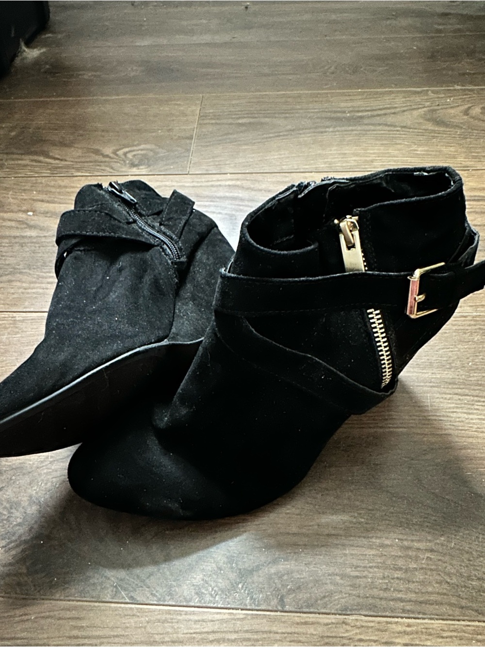Black Suede Ankle Boots with Gold Zipper Accent - Women